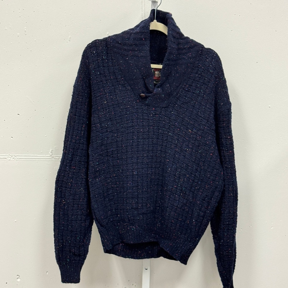 Vintage Alps Rugged Outdoors Men's Large Navy Speckled Shawl Collar Sweater USA